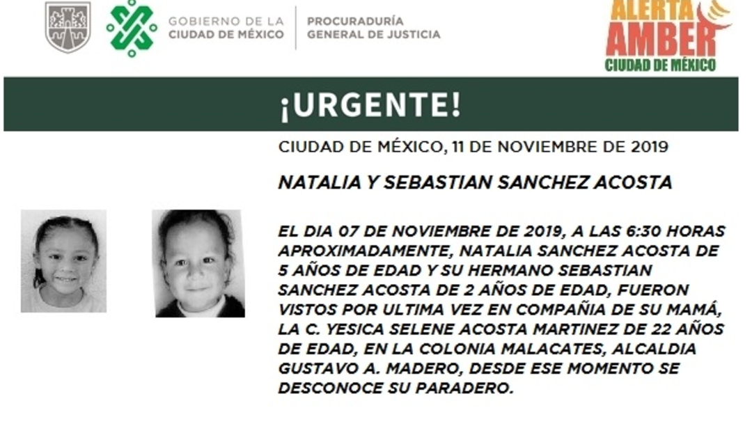 Foto: Activan Alerta Amber, Natalia y Sebastián Sánchez Acosta, 12 de noviembre de 2019 (Twitter @PGJDF_CDMX)