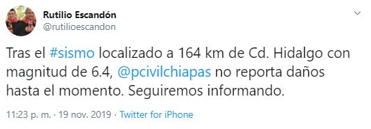 No reportan daños tras sismo de 6.4 en Chiapas