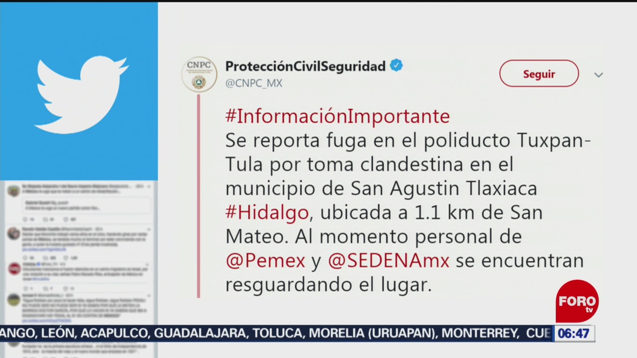 Reportan fuga en poliducto por toma clandestina en Hidalgo