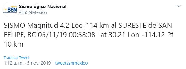 Se registra sismo de magnitud 4.2 en Baja California. (SSN)