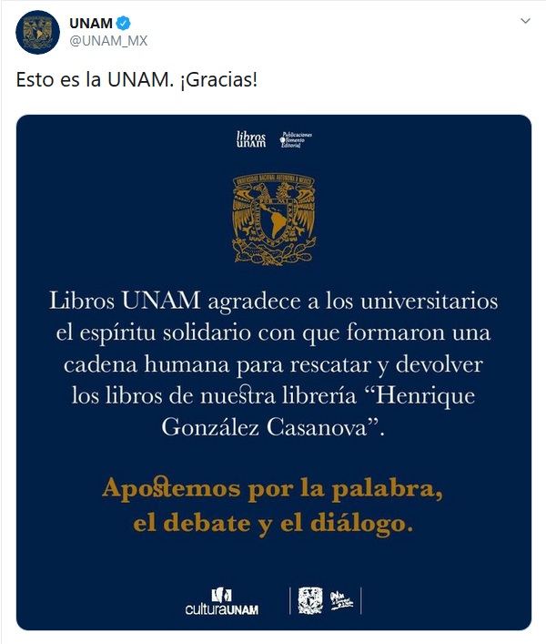 La UNAM agradece apoyo de estudiantes.