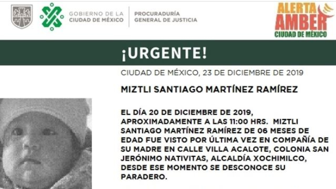 FOTO: Activan Alerta Amber para localizar a Miztli Santiago Martínez Ramírez, el 24 de diciembre de 2019