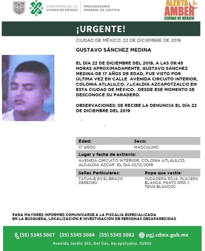 FOTO:Activan Alerta Amber para localizar a Gustavo Sánchez Medina, el 23 de diciembre de 2019