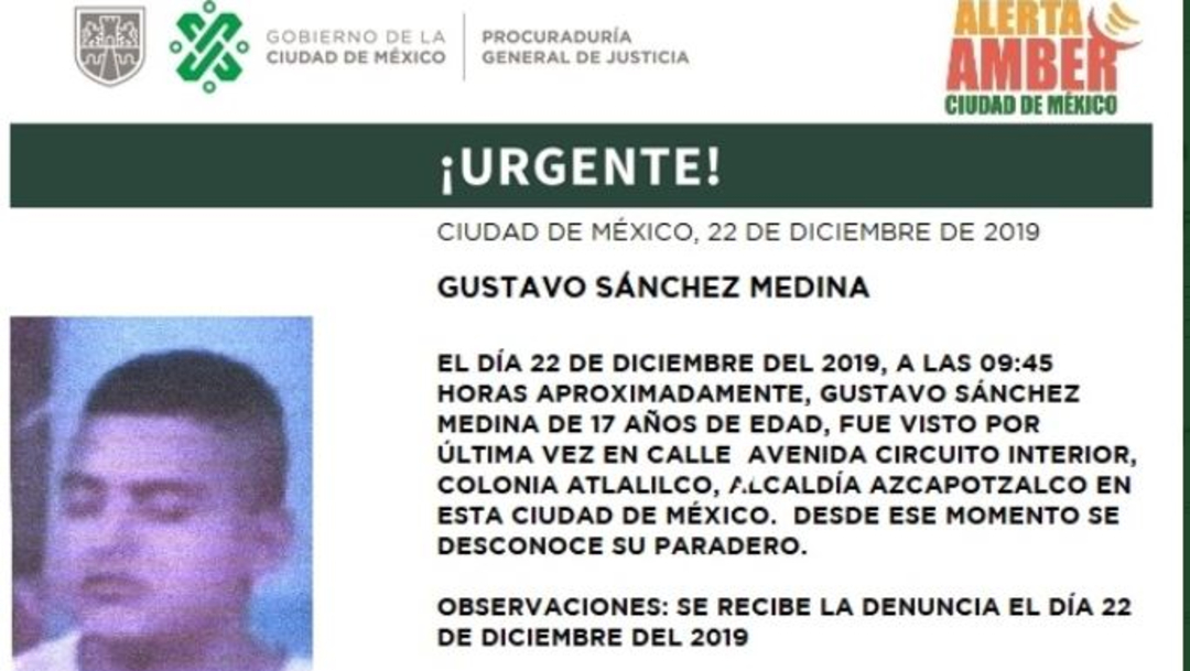 FOTO: Activan Alerta Amber para localizar a Gustavo Sánchez Medina, el 23 de diciembre de 2019