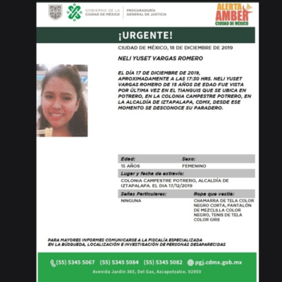 Activan Alerta Amber por Neli Yuset Vargas Romero