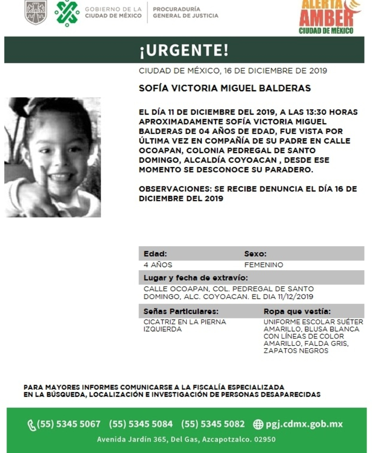 FOTO: Activan Alerta Amber para localizar a Sofía Victoria Miguel Balderas, el 17 de diciembre de 2019