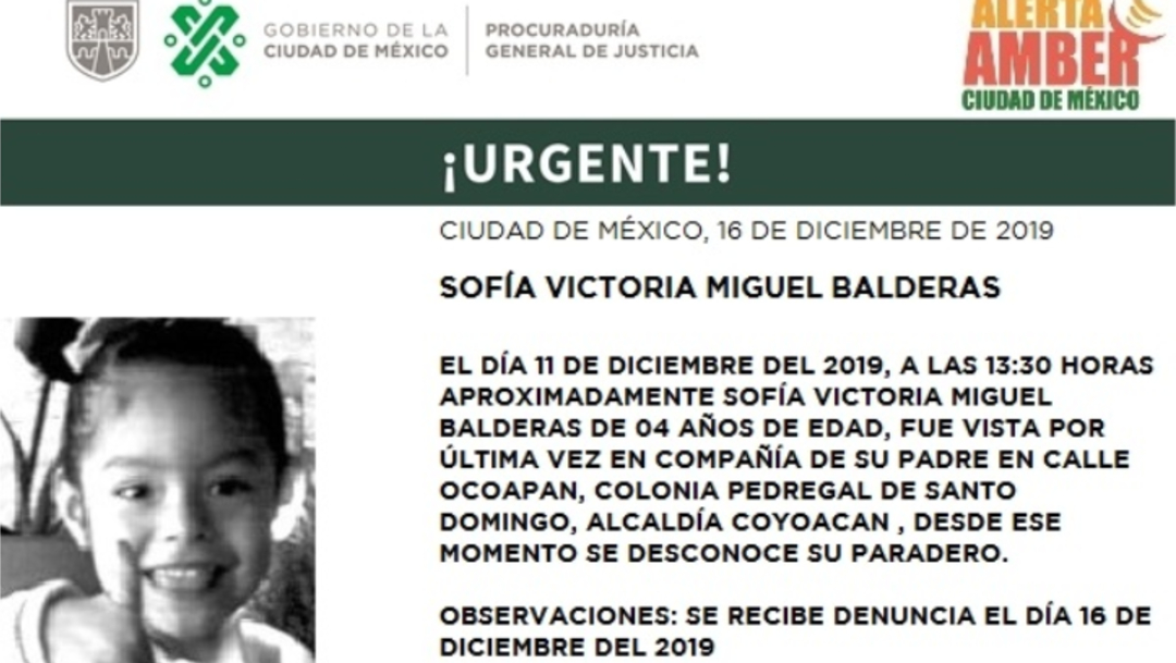 FOTO: Activan Alerta Amber para localizar a Sofía Victoria Miguel Balderas, el 17 de diciembre de 2019