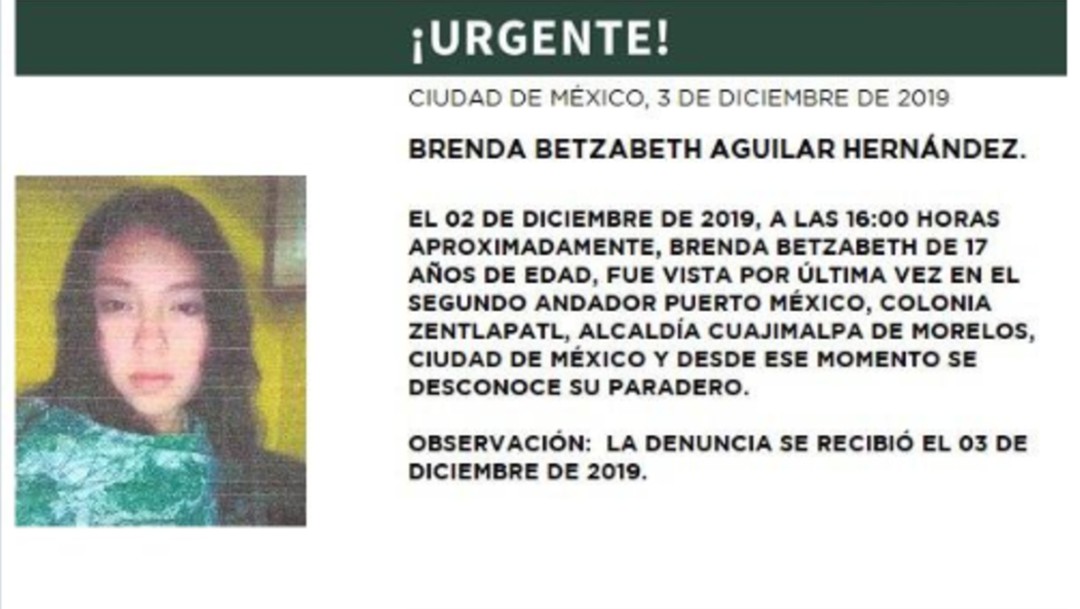 Activan Alerta Amber para localizar a Brenda Betzabeth Aguilar Hernández (Twitter/@PGJDF_CDMX)