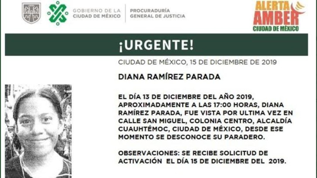 FOTO: Activan Alerta Amber para localizar a Diana Ramírez Parada, el 16 de diciembre de 2019