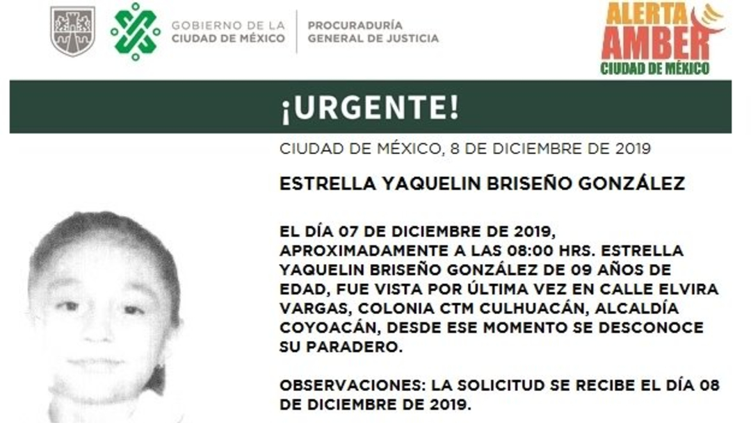 IMAGEN: Activan Alerta Amber para localizar a Estrella Yaquelin Briseño González, el 10 de diciembre de 2019