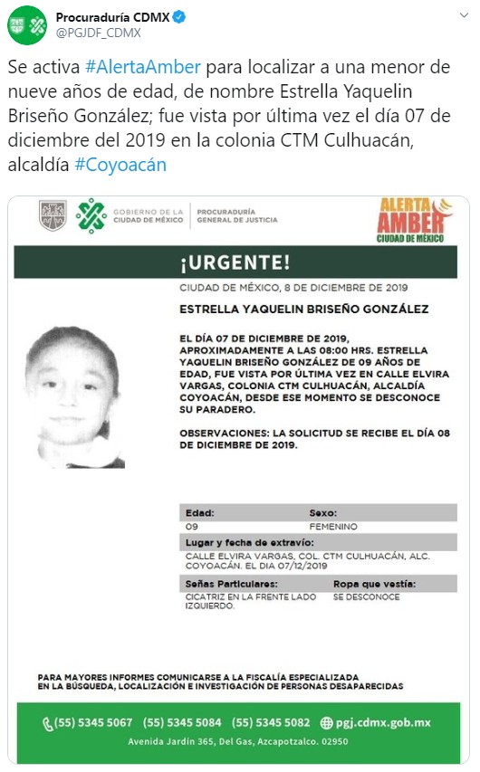 Activan Alerta Amber para localizar a Estrella Yaquelin Briseño González (Twitter: @PGJDF_CDMX)