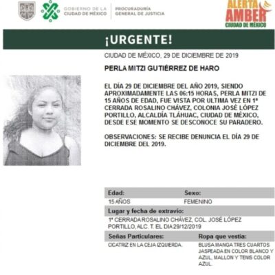 Activan Alerta Amber para localizar a Perla Mitzi Gutiérrez de Haro