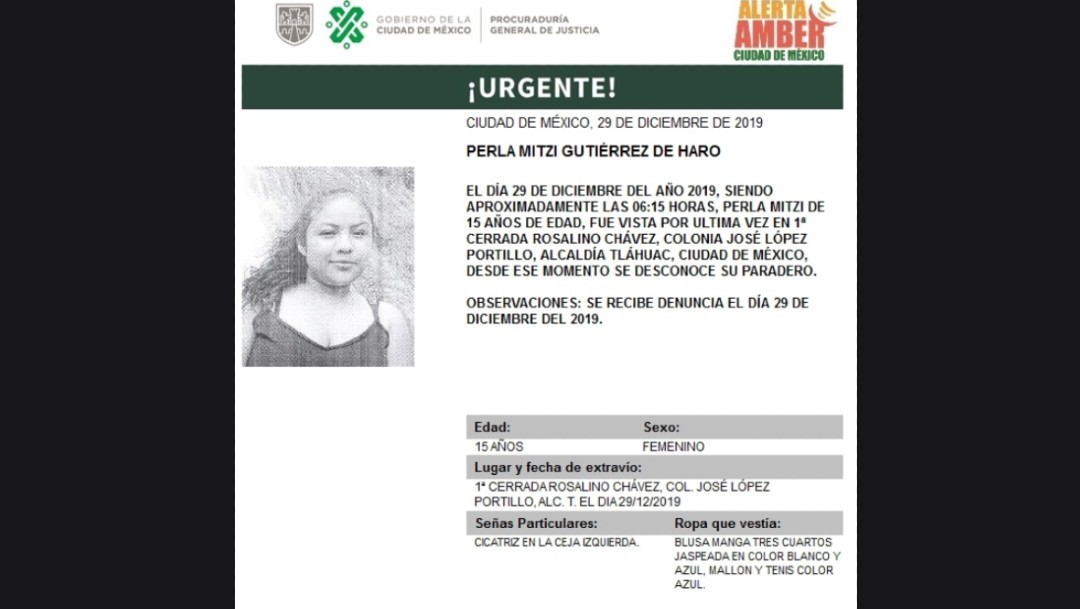 Foto: Activan Alerta Amber para localizar a Perla Mitzi Gutiérrez de Haro