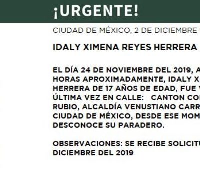 Activan Alerta Amber para localizar a Idaly Ximena Reyes Herrera