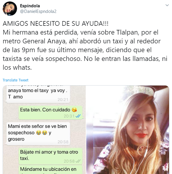 IMAGEN Buscan a Karen Espíndola, desaparecida tras abordar taxi en CDMX (Twitter)