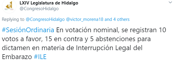 IMAGEN Congreso de Hidalgo vota contra legalización del aborto (Twitter)