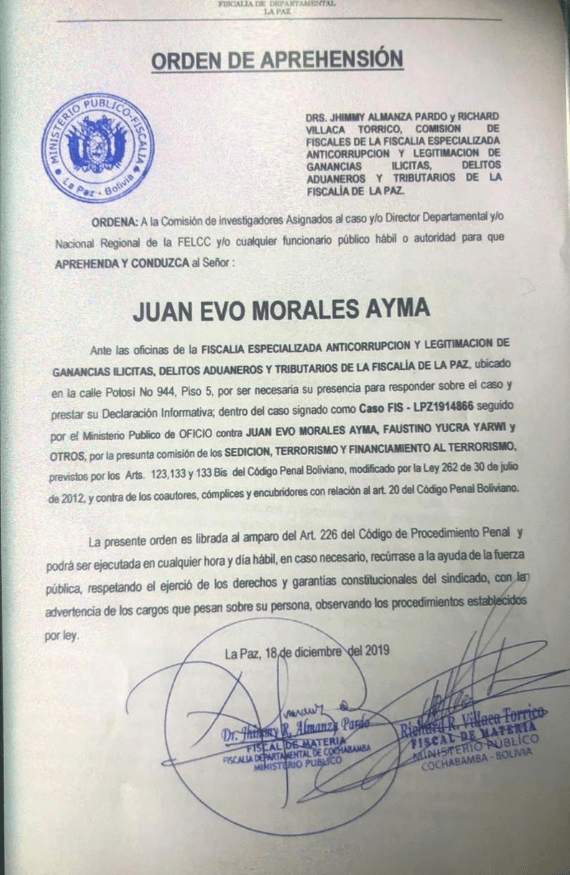 FOTO Orden de aprehensión en contra de Evo Morales (Twitter @ArturoMurilloS)