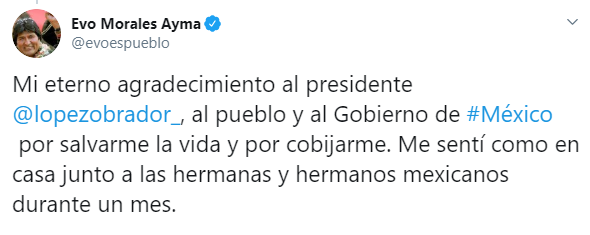 IMAGEN Evo Morales agradece a México (Twitter)