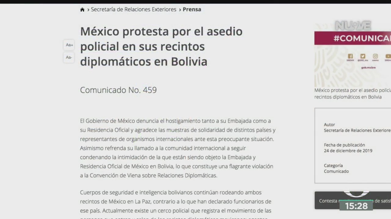 Foto: Gobierno México Denuncia Hostigamiento Bolivia 24 Diciembre 2019
