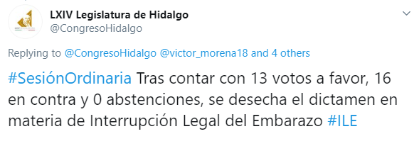 IMAGEN Hidalgo desecha dictamen para legalización del aborto (Twitter)