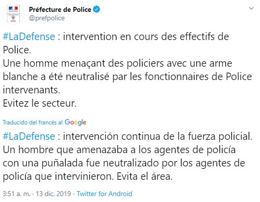 Policía neutraliza hombre por amenazar con cuchillo en París