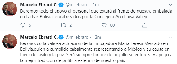 IMAGEN Marcelo Ebrard reconoce labor de la embajadora de México en Bolivia (Twitter)