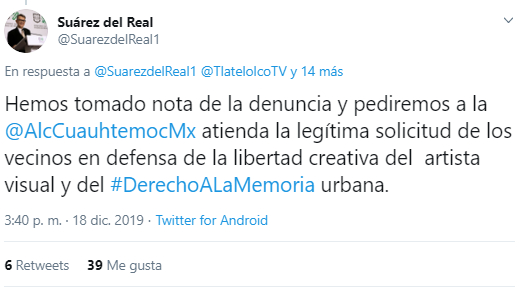 El Secretario de Cultura, publica en redes sociales que toma denuncia del mural de Tlatelolco