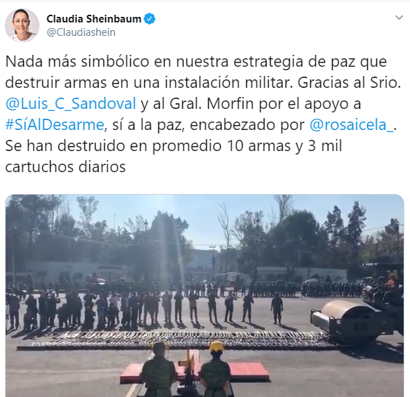 IMAGEN Claudia Sheinbaum destaca ceremonia de destrucción de armas en la CDMX (Twitter)