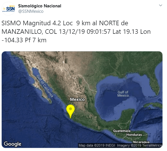 IMAGEN Sismo de 4.2 se registra en Manzanillo, Colima (SSN)