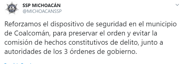 IMAGEN SSP Michoacán refuerza vigilancia en Coalcomán (Twitter)