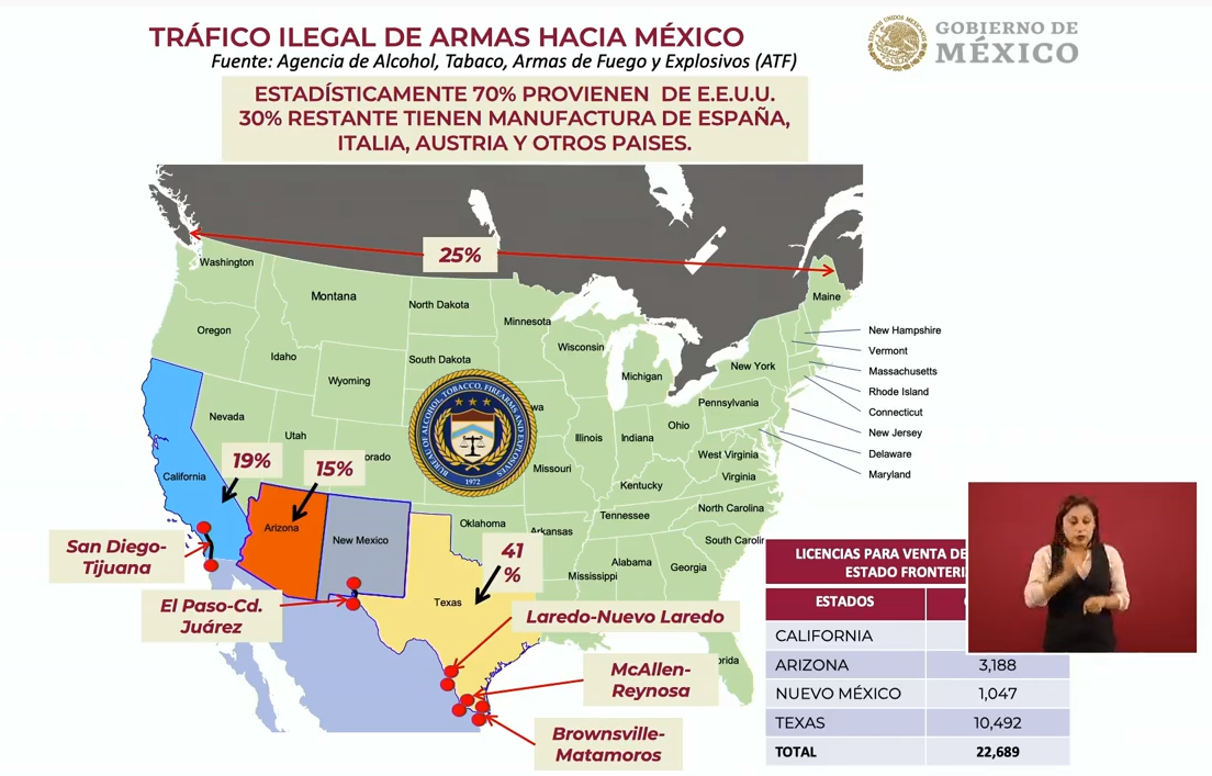 IMAGEN Mapa del tráfico de armas de Estados Unidos a México (YouTube)