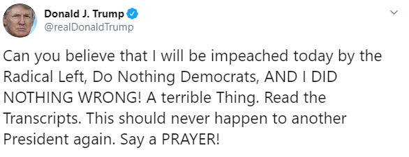 IMAGEN Tuit de Trump sobre el voto para impeachment en la Cámara de Representantes (Twitter)