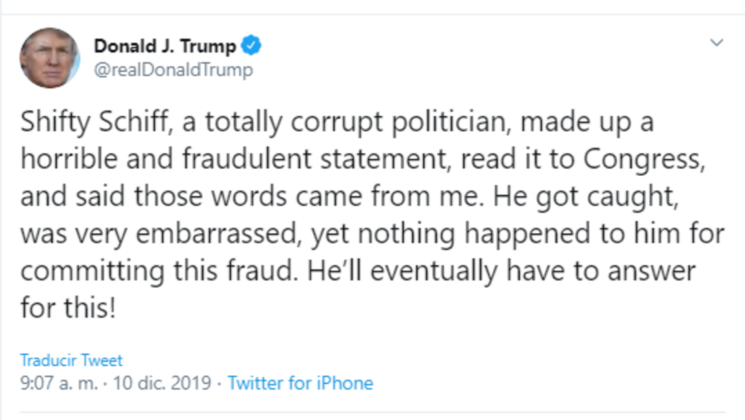 Trump responde mediante twitter a las acusasiones en el impeachment (Twitter: @realDonaldTrump)