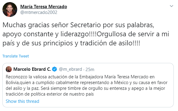 IMAGEN María Teresa Mercado agradece reconocimiento a su labor en Bolivia (Twitter)