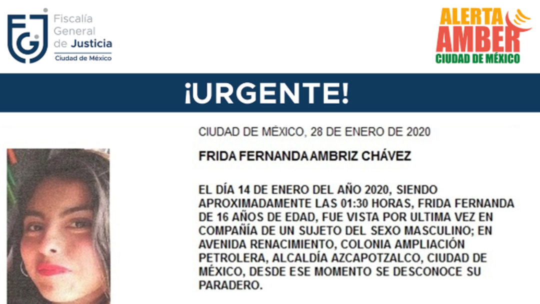 FOTO: Activan Alerta Amber para localizar a Frida Fernanda Ambriz Chávez