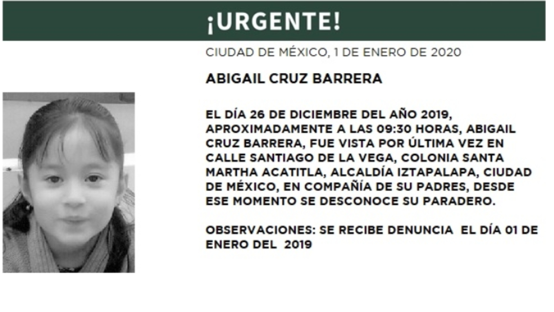 IMAGEN Se activa Alerta Amber por Abigail Cruz Barrera, de 6 años (PGJCDMX)
