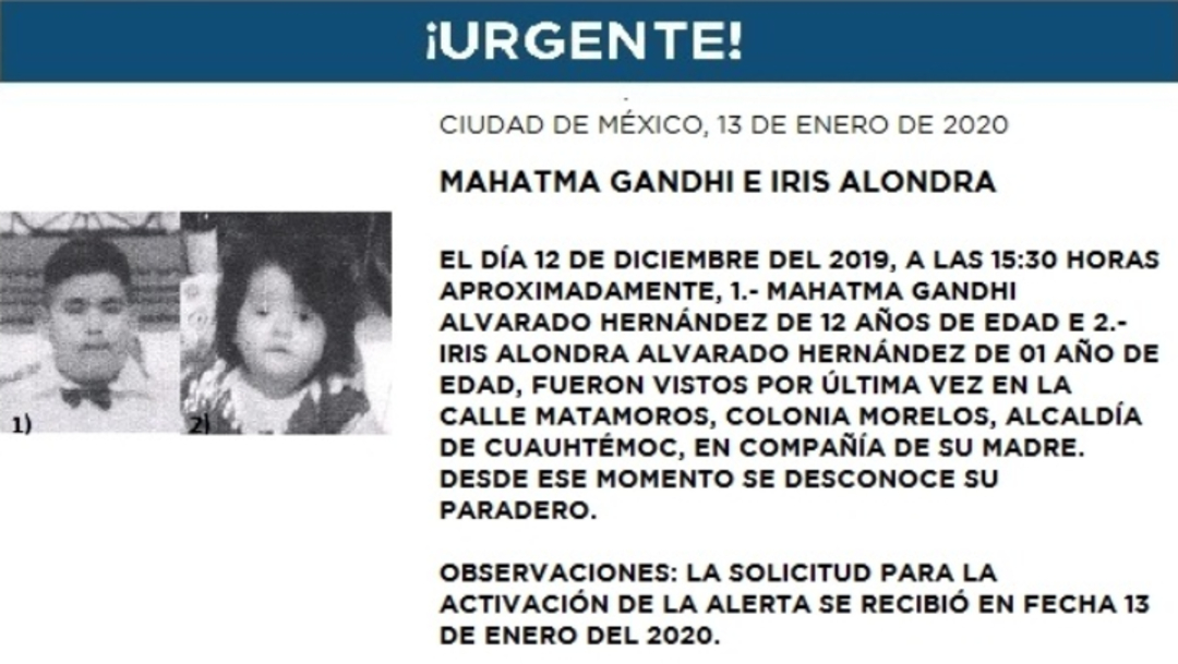 IMAGEN Alerta Amber por Mahatma Gandhi e Iris Alondra Alvarado Hernández (Fiscalía CDMX)