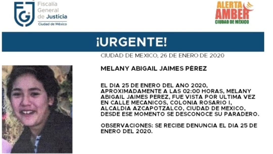 FOTO: Activan Alerta Amber para localizar a Melany Abigail Jaimes Pérez, el 27 de enero de 2020