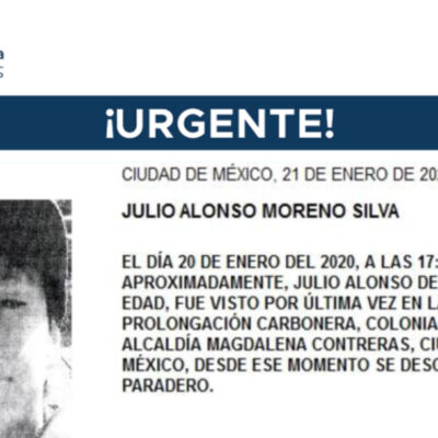 Activan Alerta Amber para localizar a Julio Alonso Moreno Silva