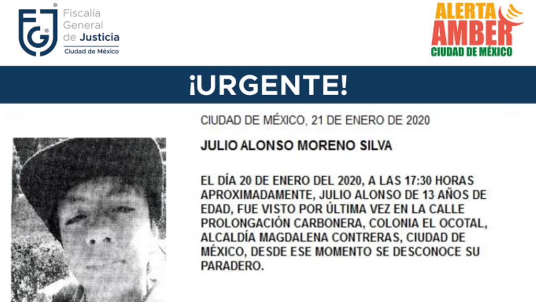 FOTO: Activan Alerta Amber para localizar a Julio Alonso Moreno Silva, el 22 de enero de 2020