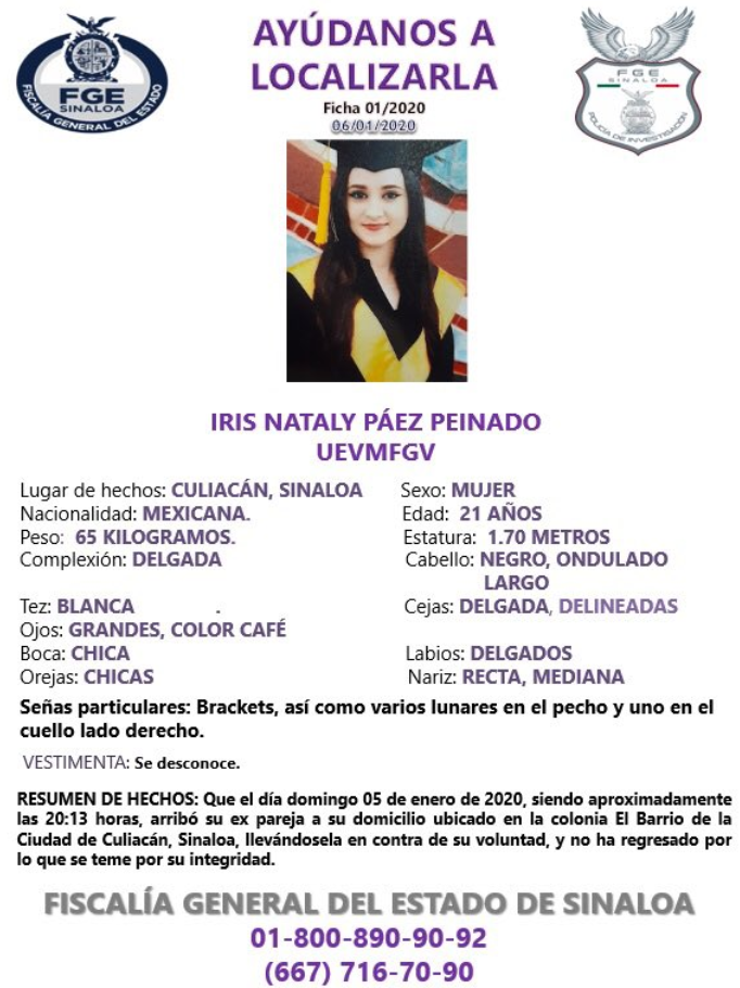 IMAGEN Fiscalía de Sinaloa pide ayuda para encontrar a Iris Nataly Paez (Twitter)