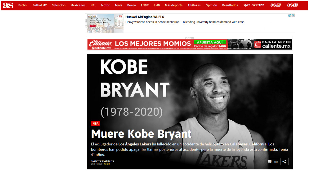 La prensa española dio detalles de la muerte de Kobe Bryant