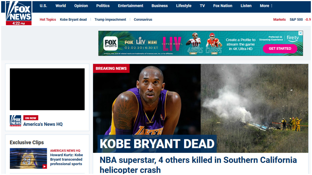 Fox News así dio a conocer la muerte de Kobe Bryant 
