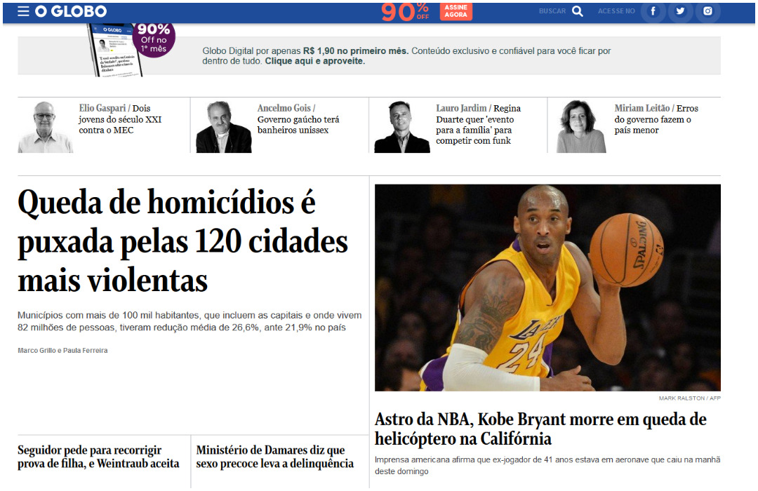 La prensa brasileña informó sobre la muerte de Kobe Bryant 