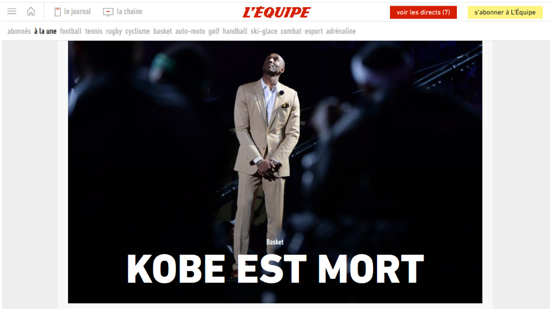 La prensa francesa lamentó la muerte de Kobe Bryant 