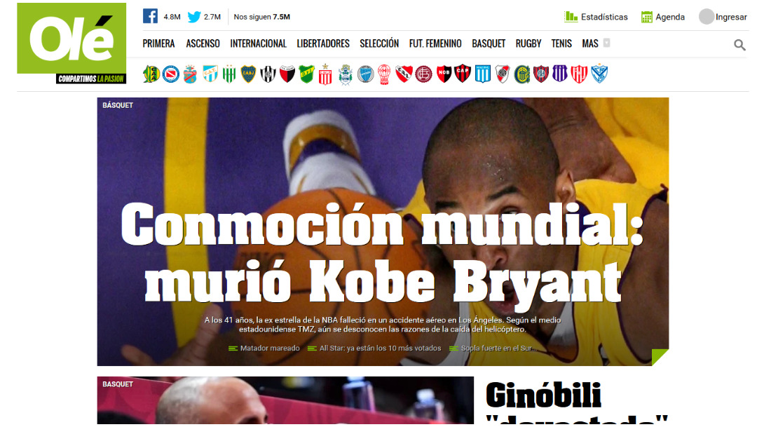 La prensa argentina informó sobre la muerte de Kobe Bryant