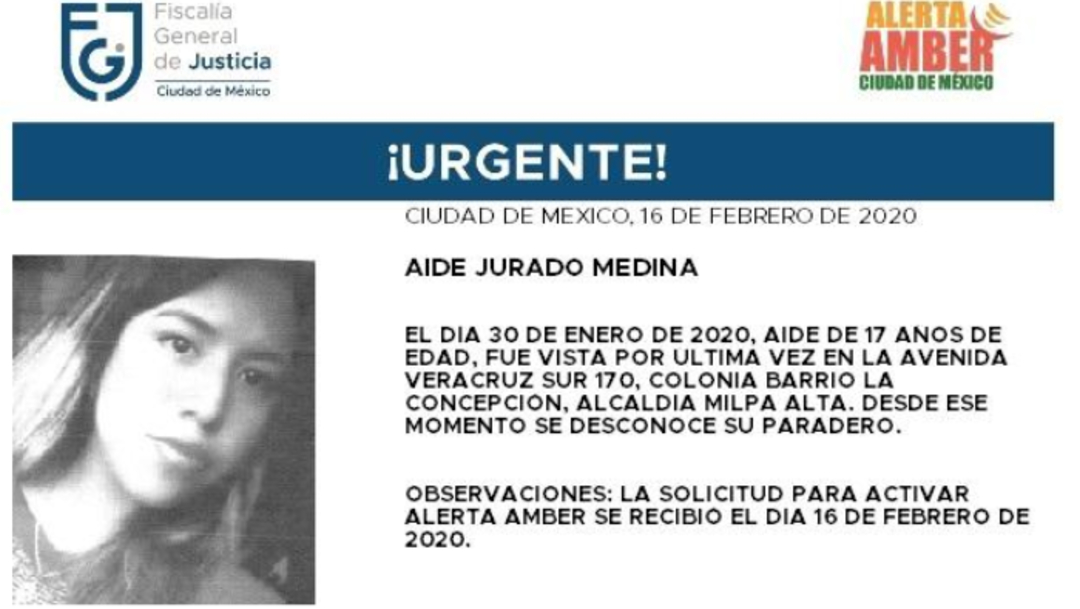 FOTO: Activan Alerta Amber para localizar a Aidé Jurado Medina, el 17 de febrero de 2020