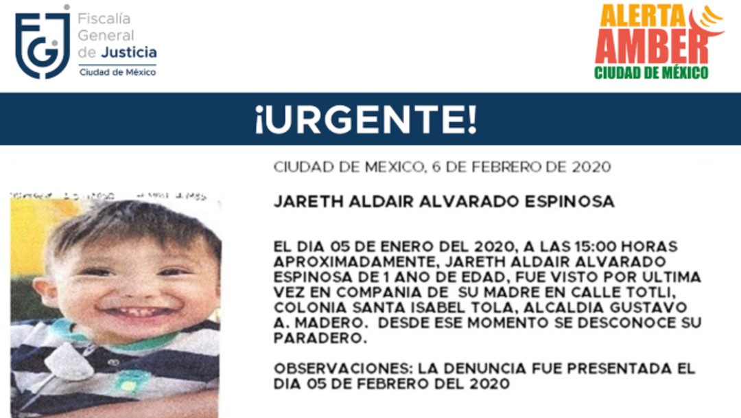 Foto: Activan Alerta Amber para Jareth Aldair Alvarado Espinosa, de un año