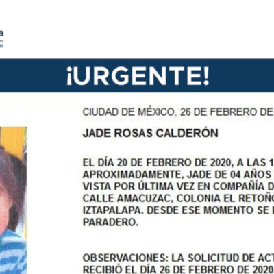 Activan Alerta Amber para localizar a Jade Rosas Calderón, de 4 años