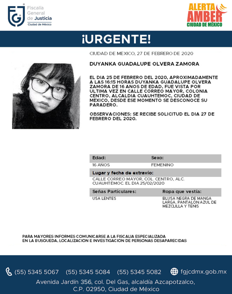 FOTO: Activan Alerta Amber para localizar a Duyanka Guadalupe Olvera Zamora (FGJ-CDMX)